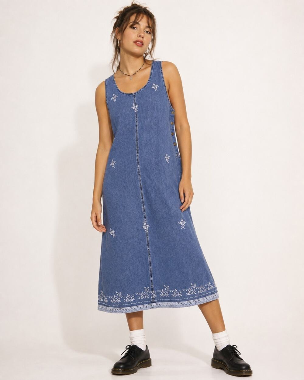 Vintage 90s Basic Editions Plus Denim Jumper Dress 2X Maxi Cottagecore Embroider